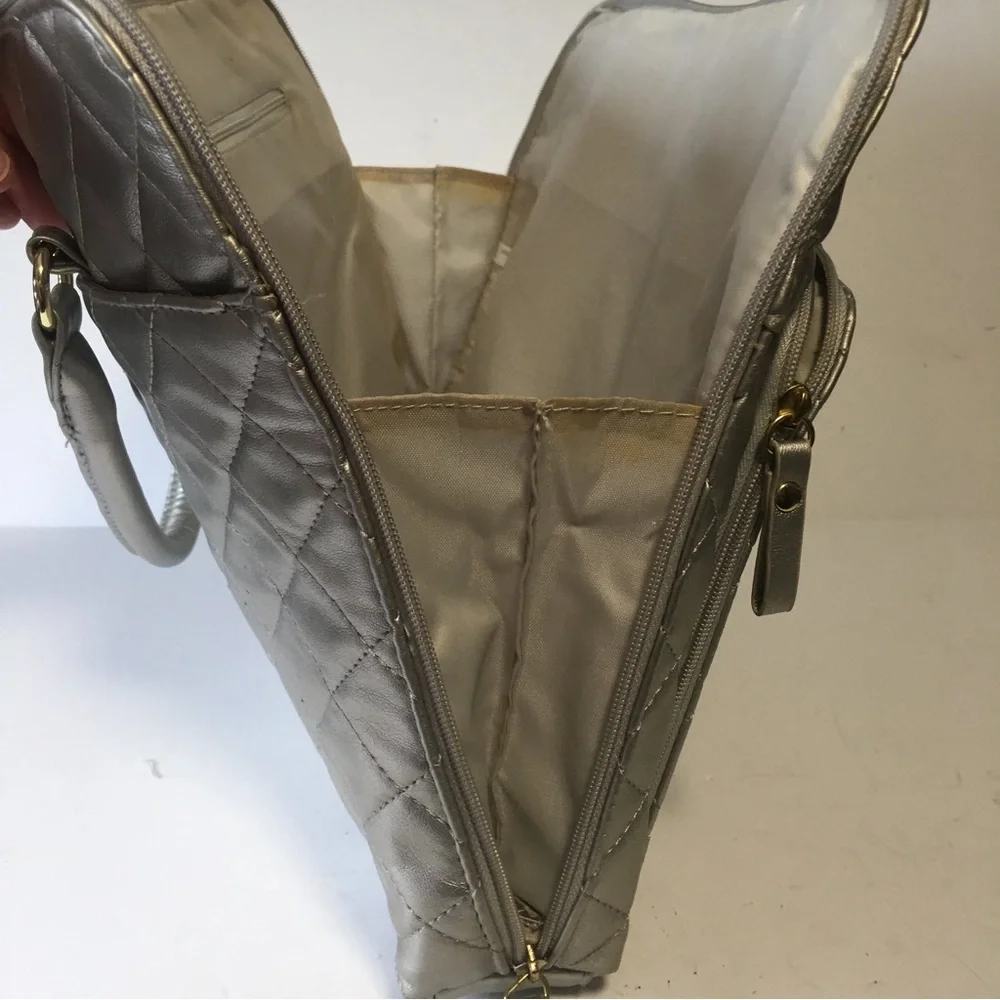 BUENO embellished laptop crossbody metallic bag silver/gray Gold beads SA…